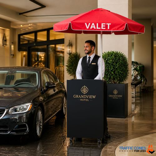 Valet Podium Aluminum Frame Umbrella Red | SD2K Valet
