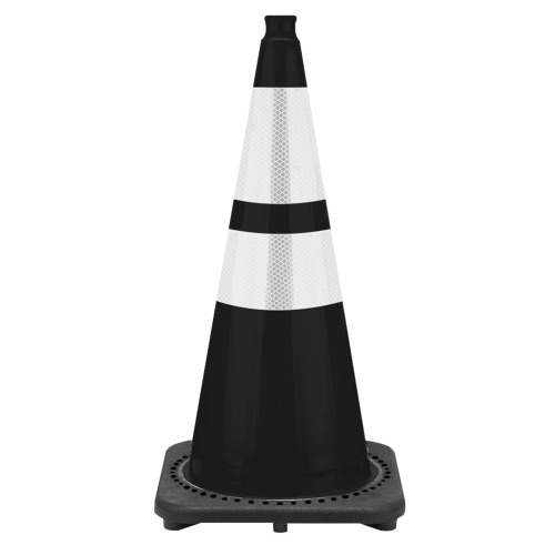 28" Black Traffic Cone, 7 lbs Black Base w/6" & 4" Reflective Collar