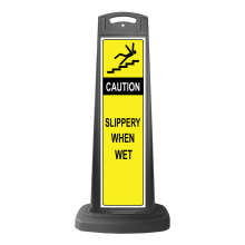 Caution Black Vertical Sign - Yellow Slippery When Wet Message