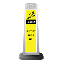 Caution White Vertical Sign - Yellow Slippery When Wet Message