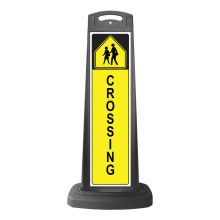 Black Vertical Sign - Yellow Pedestrian Crossing Message