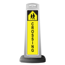 White Vertical Sign - Yellow Pedestrian Crossing Message