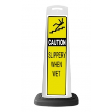 Caution White Vertical Sign - Yellow Slippery When Wet Message