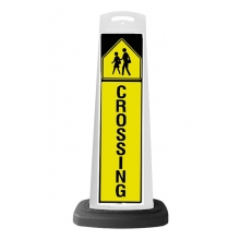 White Vertical Sign - Yellow Pedestrian Crossing Message