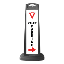 Valet Black Vertical Sign - Valet Parking & Red Arrow Message