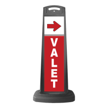 Valet Black Vertical Sign w/Red Background & Arrow Message