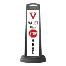 Valet Black Vertical Sign - White Background & Please Stop Here Message