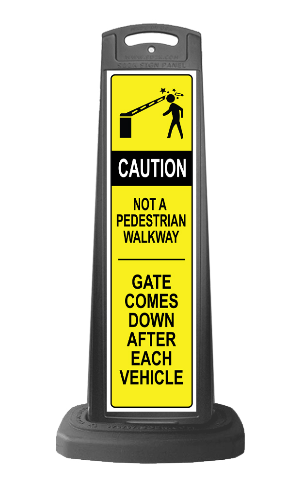 Caution Black Vertical Sign - Yellow Pedestrian Gate Arm Warning Message