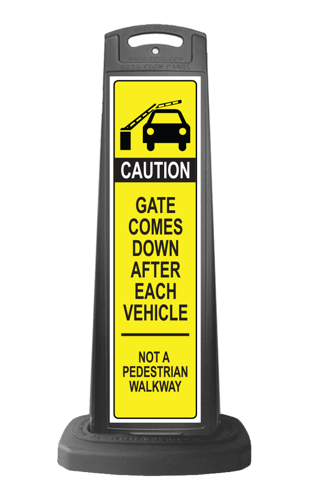 Caution Black Vertical Sign - Yellow Gate Arm Warning Message