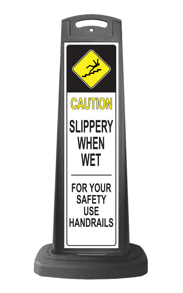 Caution Black Vertical Sign - Slippery When Wet Message