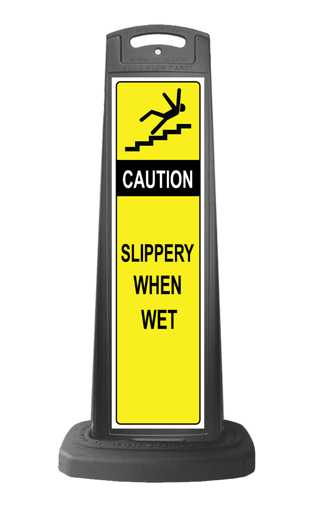 Caution Black Vertical Sign - Yellow Slippery When Wet Message