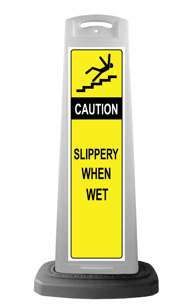 Caution White Vertical Sign - Yellow Slippery When Wet Message