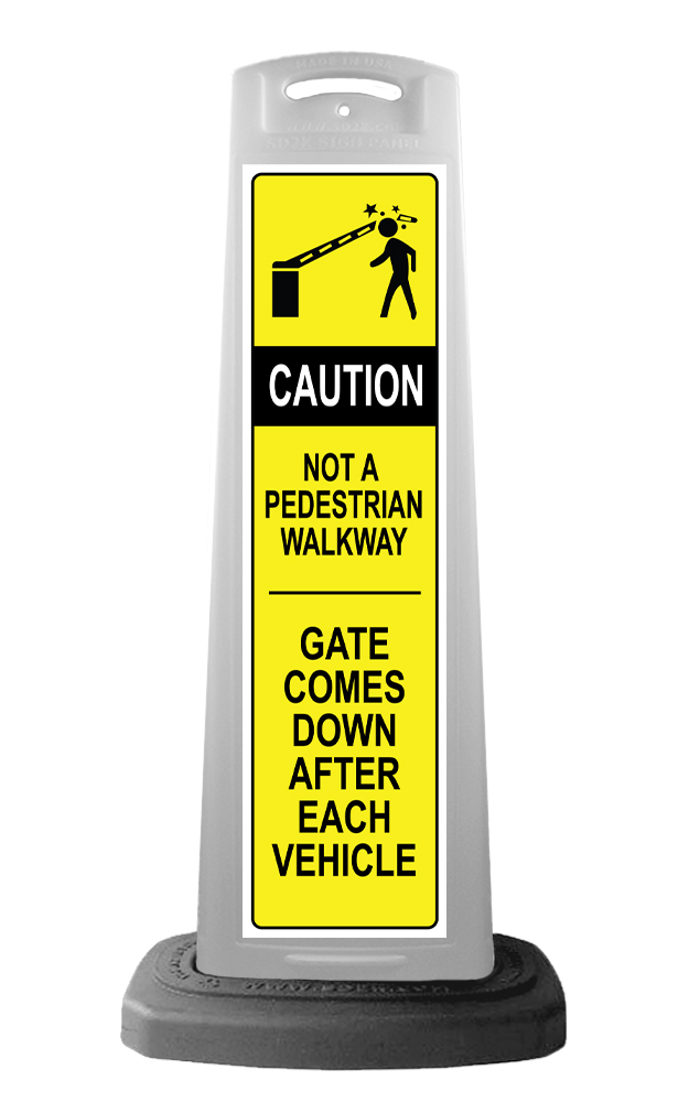 Caution White Vertical Sign - Yellow Pedestrian Gate Arm Warning Message