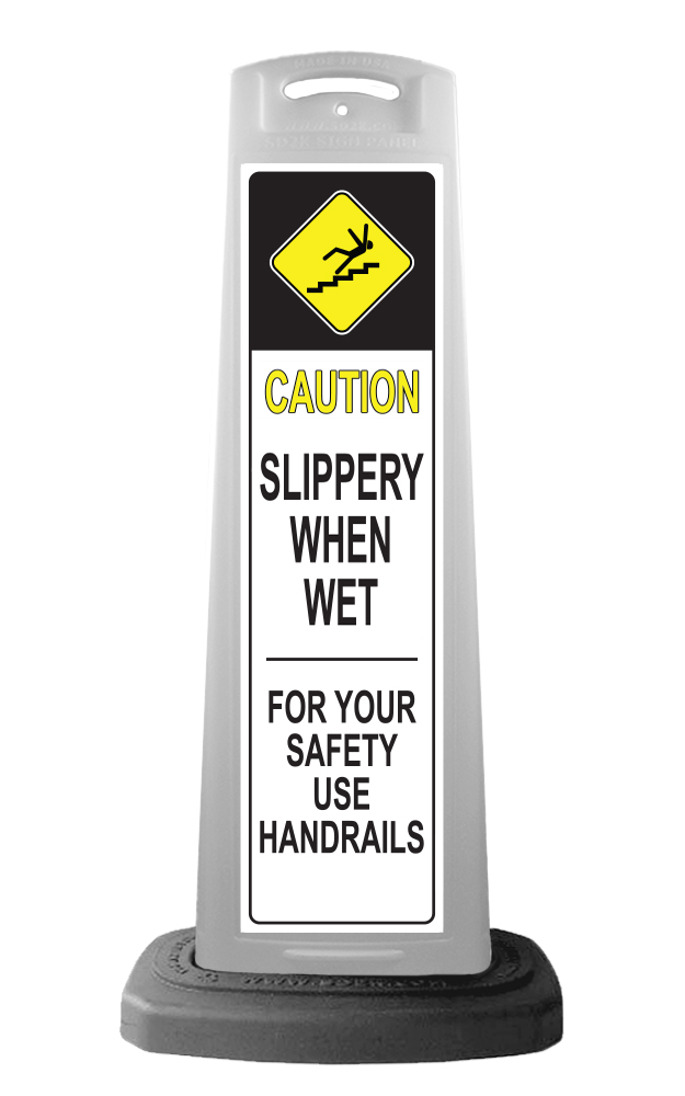 Caution White Vertical Sign - Slippery When Wet Message