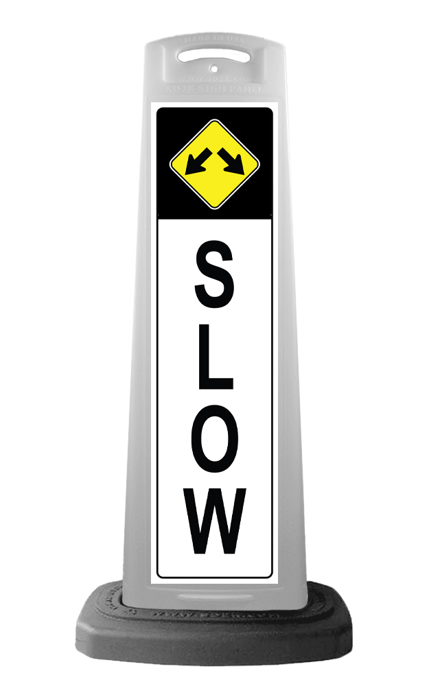 White Vertical Sign - Slow & Arrows Message