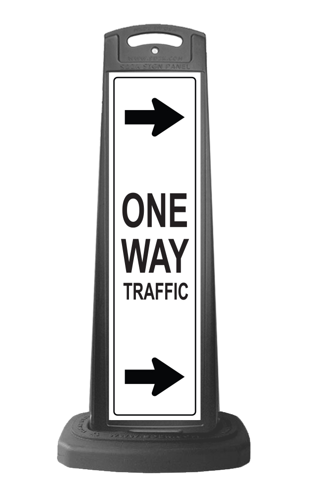 Black Vertical Sign - One Way Traffic & Arrows Message
