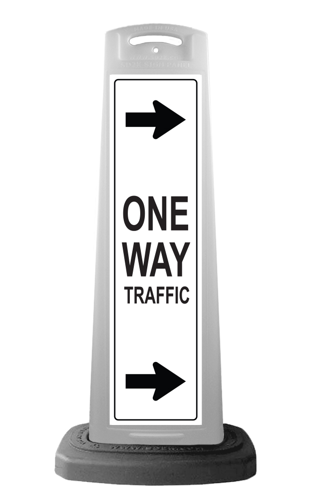 White Vertical Sign - One Way Traffic & Arrows Message