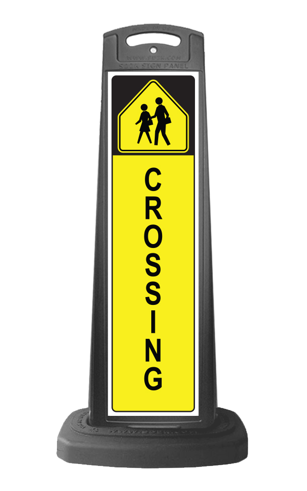 Black Vertical Sign - Yellow Pedestrian Crossing Message
