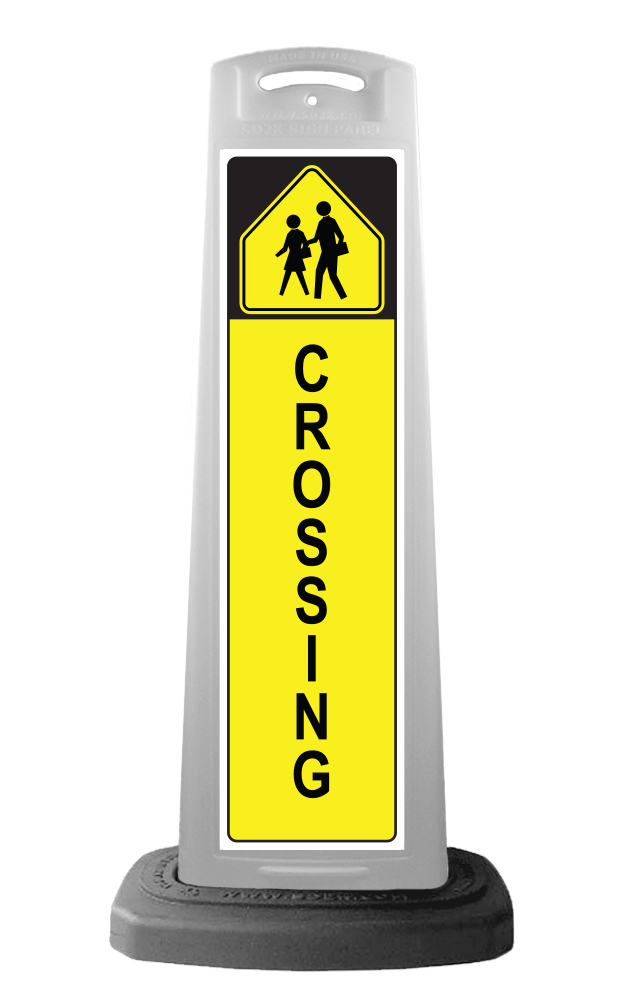 White Vertical Sign - Yellow Pedestrian Crossing Message
