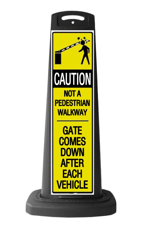 Caution Black Vertical Sign - Yellow Pedestrian Gate Arm Warning Message