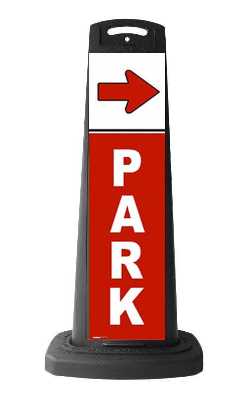 Valet Black Vertical Sign - Red PARK & Arrow Message