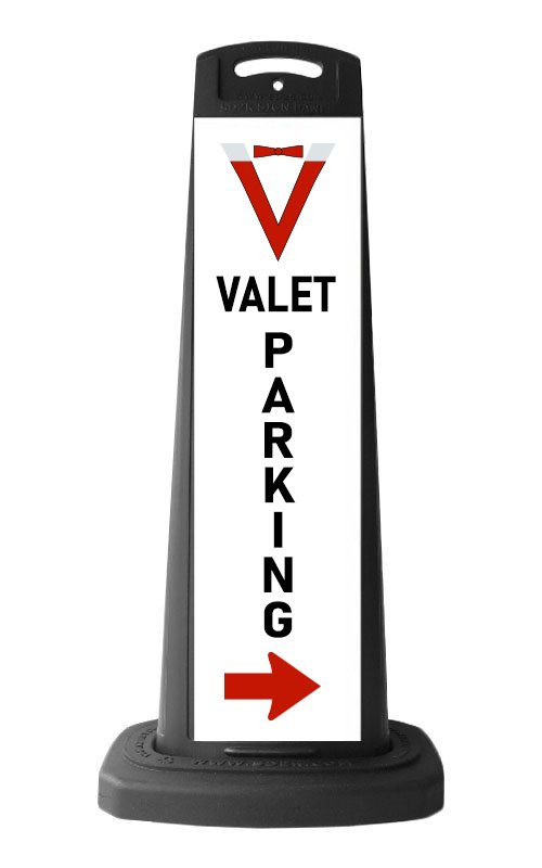 Valet Black Vertical Sign - Valet Parking & Red Arrow Message