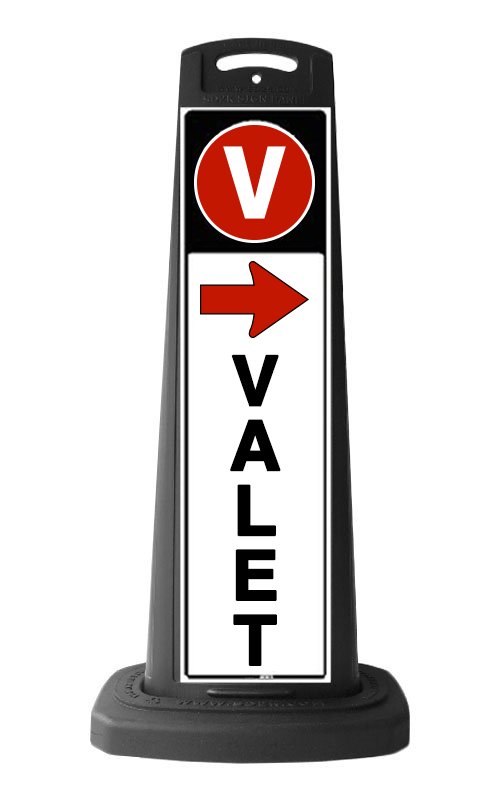 Black Vertical Sign w/Valet & Red Arrow Message