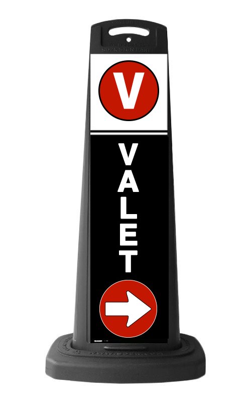 Valet Black Vertical Sign w/White & Red Arrow Message