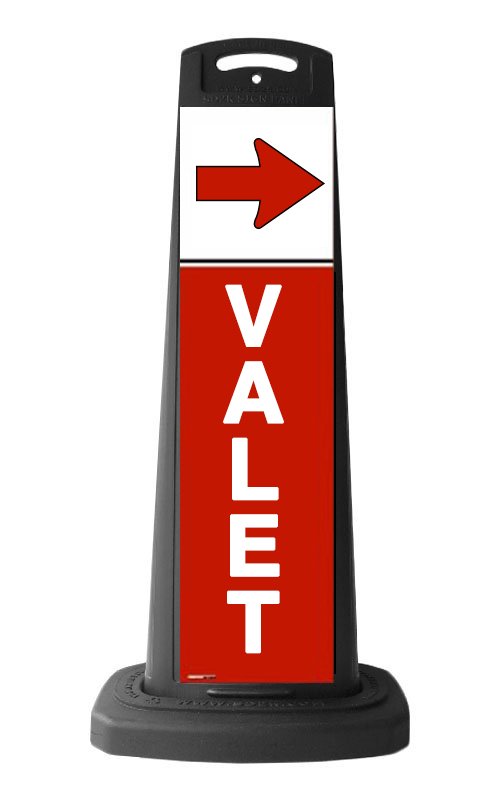 Valet Black Vertical Sign w/Red Background & Arrow Message