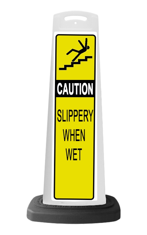 Caution White Vertical Sign - Yellow Slippery When Wet Message