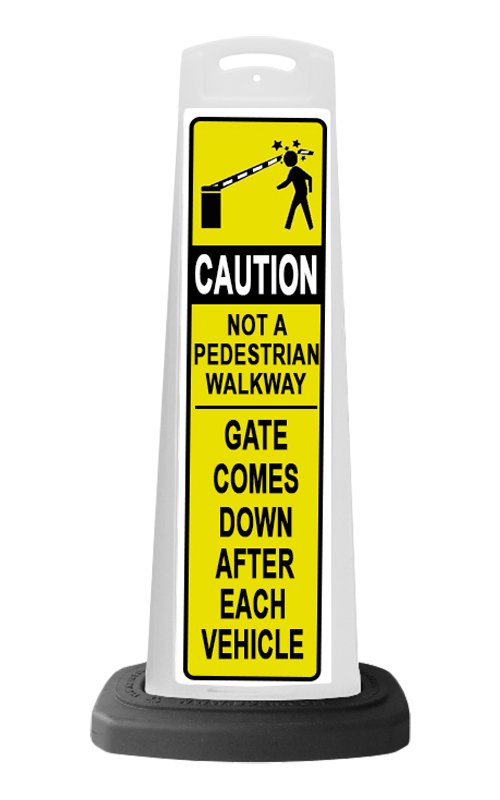 Caution White Vertical Sign - Yellow Pedestrian Gate Arm Warning Message