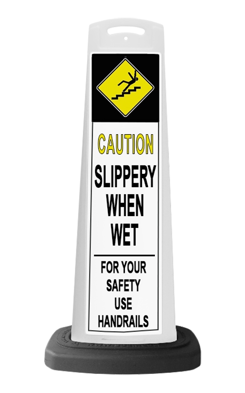 Caution White Vertical Sign - Slippery When Wet Message