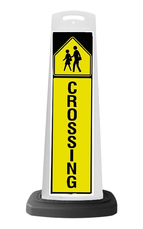 White Vertical Sign - Yellow Pedestrian Crossing Message
