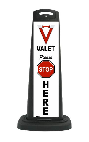 Valet Black Vertical Sign - White Background & Please Stop Here Message
