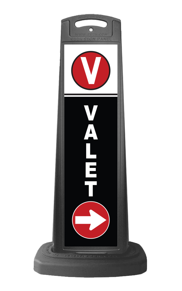Valet Black Vertical Sign w/White & Red Arrow Message