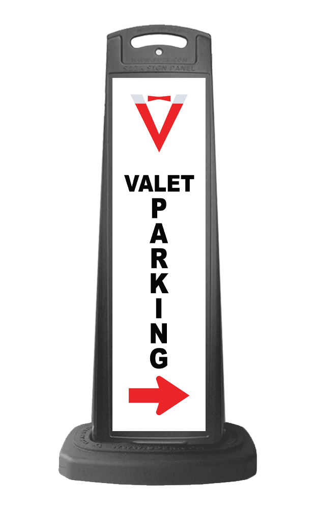 Valet Black Vertical Sign - Valet Parking & Red Arrow Message