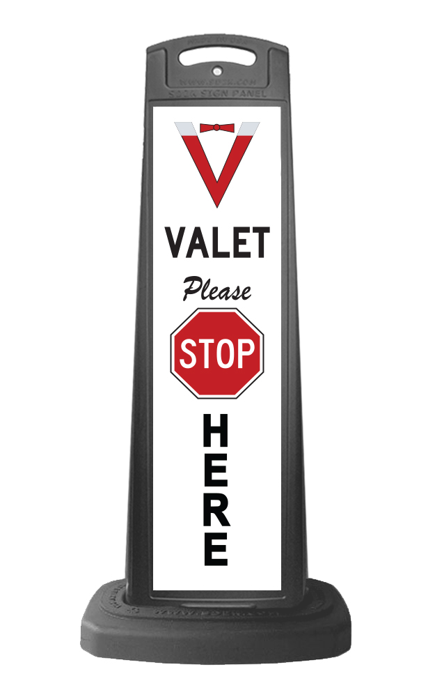 Valet Black Vertical Sign - White Background & Please Stop Here Message